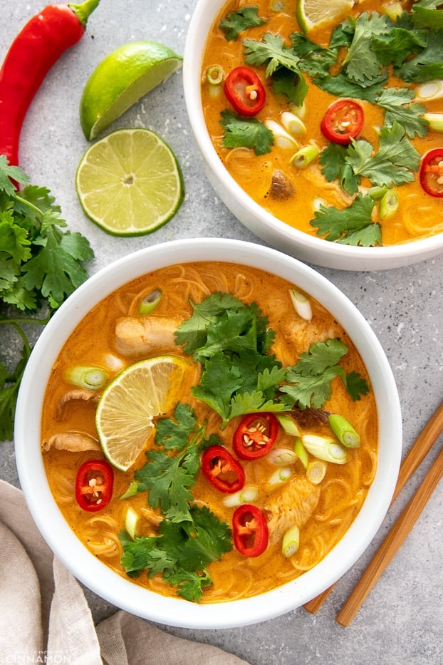 overhead shot of Thai Red Curry Chicken Noodle Soup with coconut milk