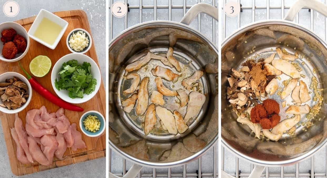 a picture collage demonstrating how to brown chicken and spices to make Thai Noodle soup in one pot