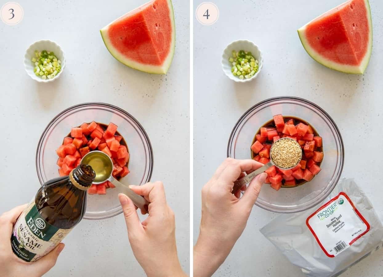 soy sauce, sesame oil and sesame seeds being added to watermelon cubes to make vegan tuna 