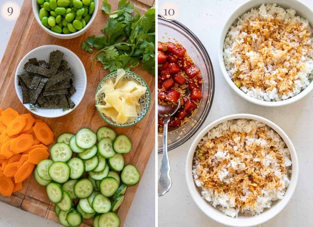 picture collage of poke bowl ingredients on a wooden board next to two bowls of sushi rice and watermelon tuna