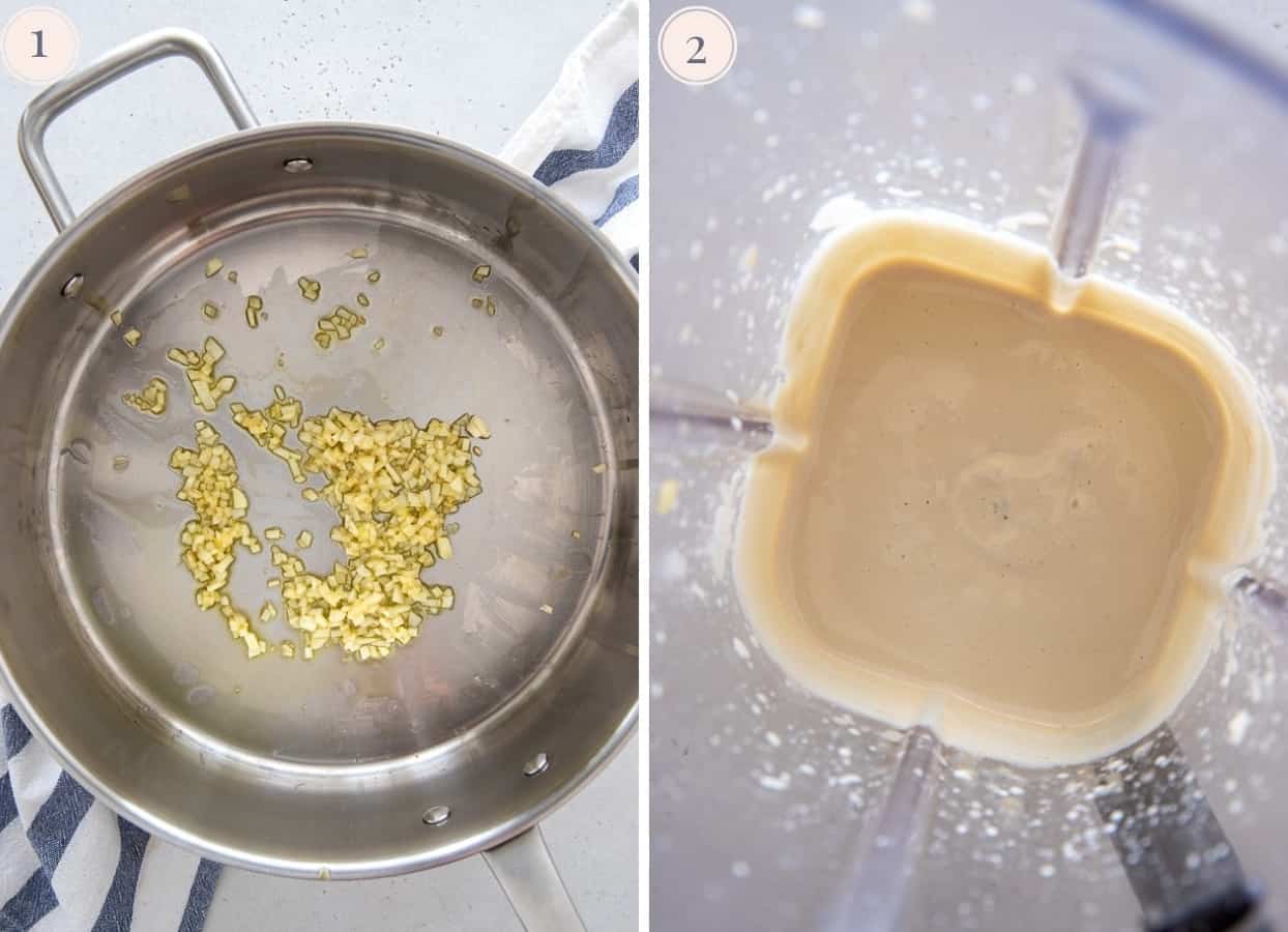 picture collage: garlic being sauteed in a pan - overhead shot of a blender with tahini pasta sauce