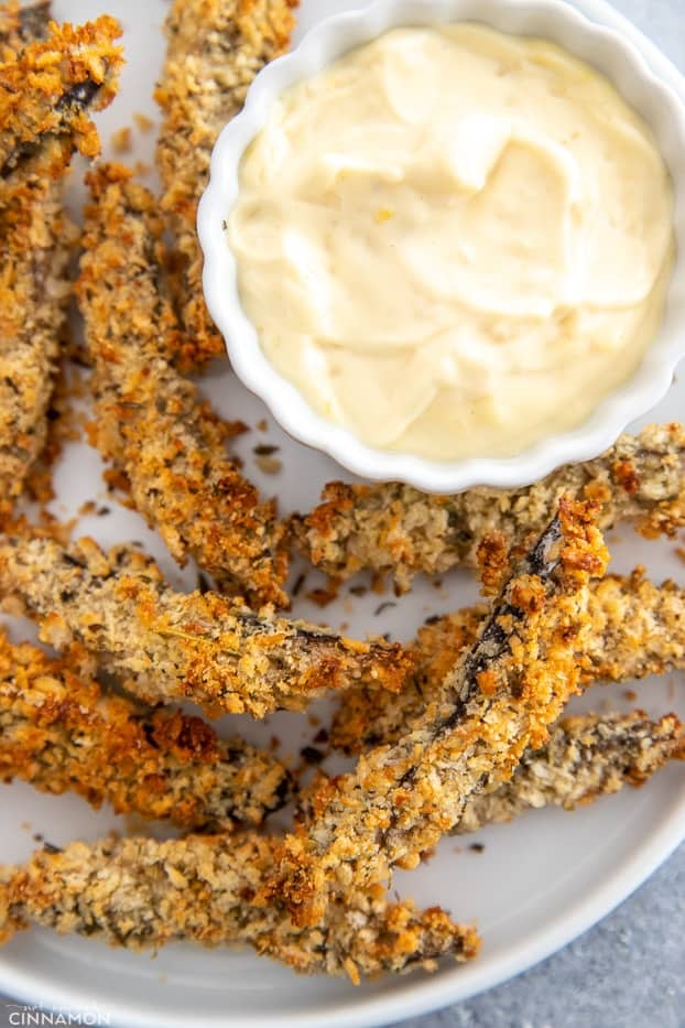 baked panko crusted portobello mushroom fries served with homemade aioli