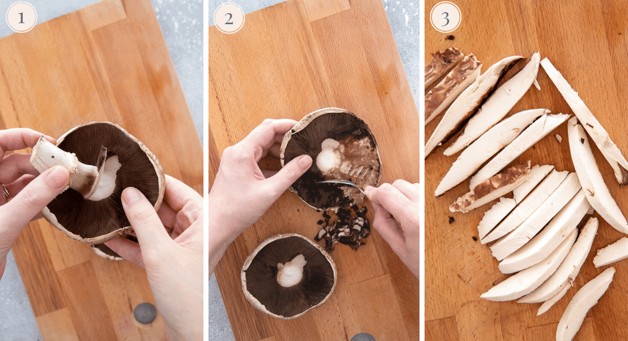 picture collage depicting how to prep portobello mushrooms for baked mushroom fries recipe