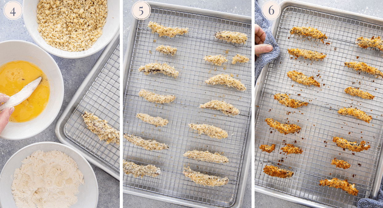 portobello mushroom sliced being coated in panko and oven baked until crispy