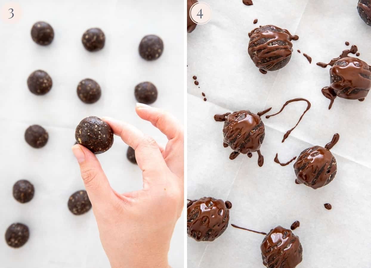 healthy gingerbread energy bites being drizzled with melted chocolate 