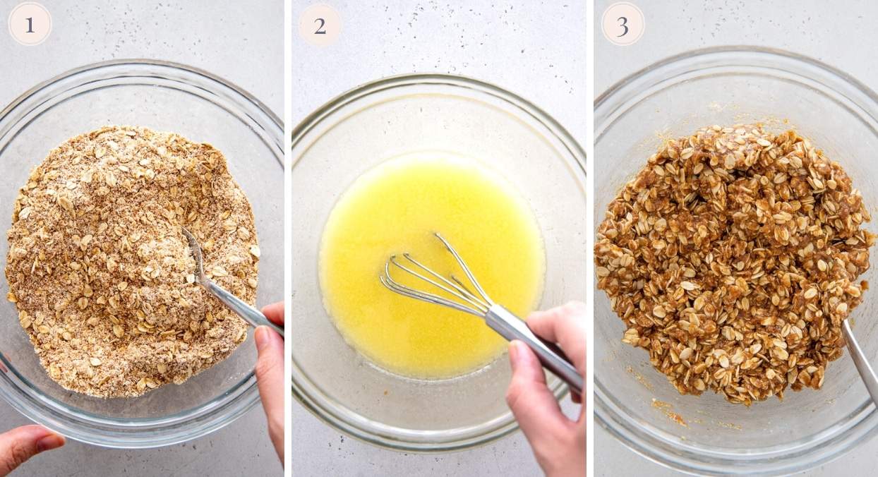 ingredients for making cookie cups recipe being mixed in a glass bowl 