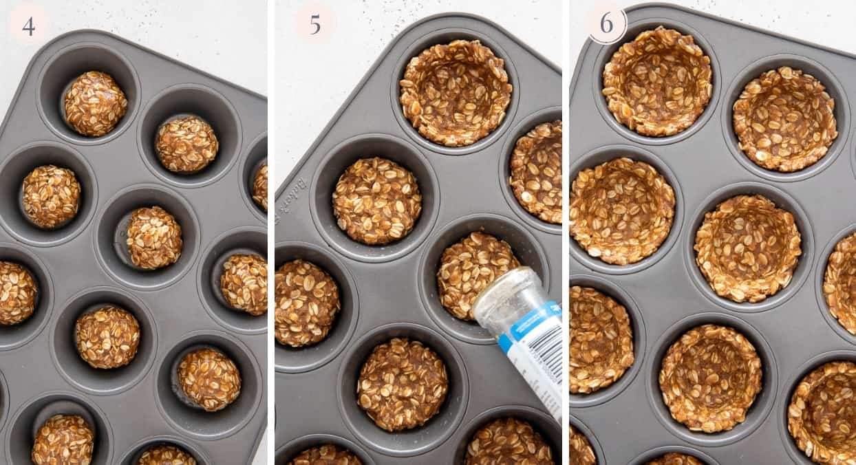 picture collage demonstrating oatmeal cookie cups recipe being pressed into muffin tin and baked