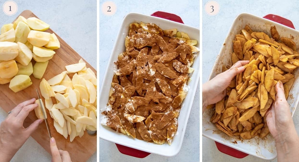 thin apple slices being tossed with cinnamon sugar in a casserole dish 