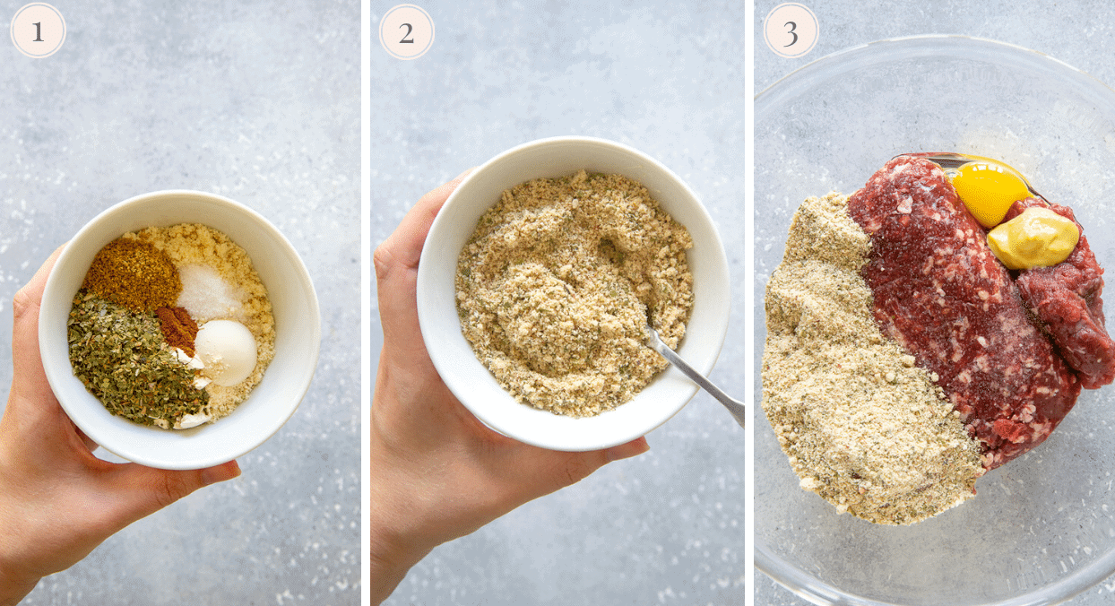 ingredients for healthy beef meatballs being mixed in a bowl for slow cooker meatballs recipe