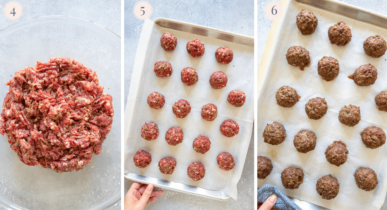 picture collage demonstrating how to bake slow cooker beef meatballs on a baking sheet 