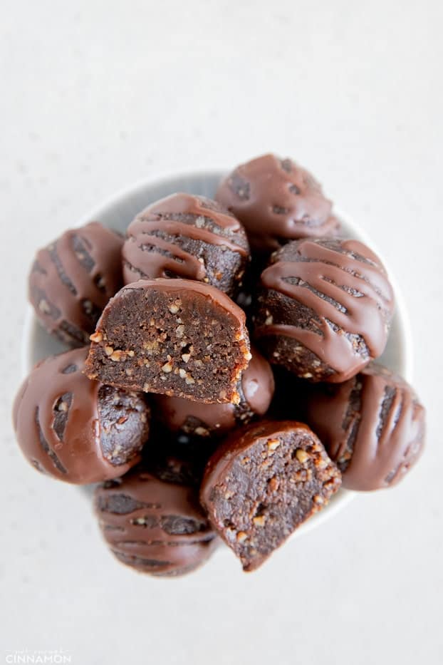 overhead shot of healthy energy bites in a small bowl