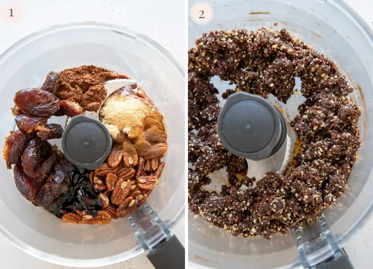 healthy vegan gingerbread energy bites being prepared in a small food processor