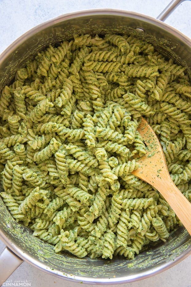 overhead shot of a pot with creamy cilantro pasta 