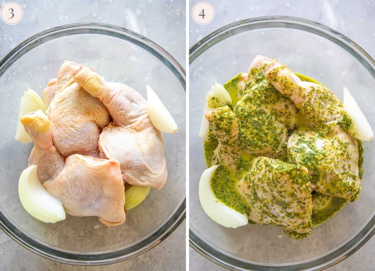 Chicken parts in a glass bowl covered in Cuban herb marinade 