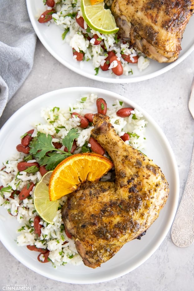 Cuban Roasted Mojo Chicken served over rice and beans 