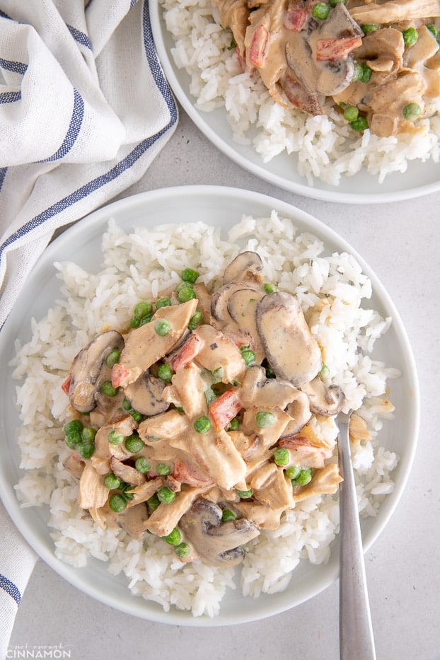 overhead shot of a serving of chicken a la king served over rice