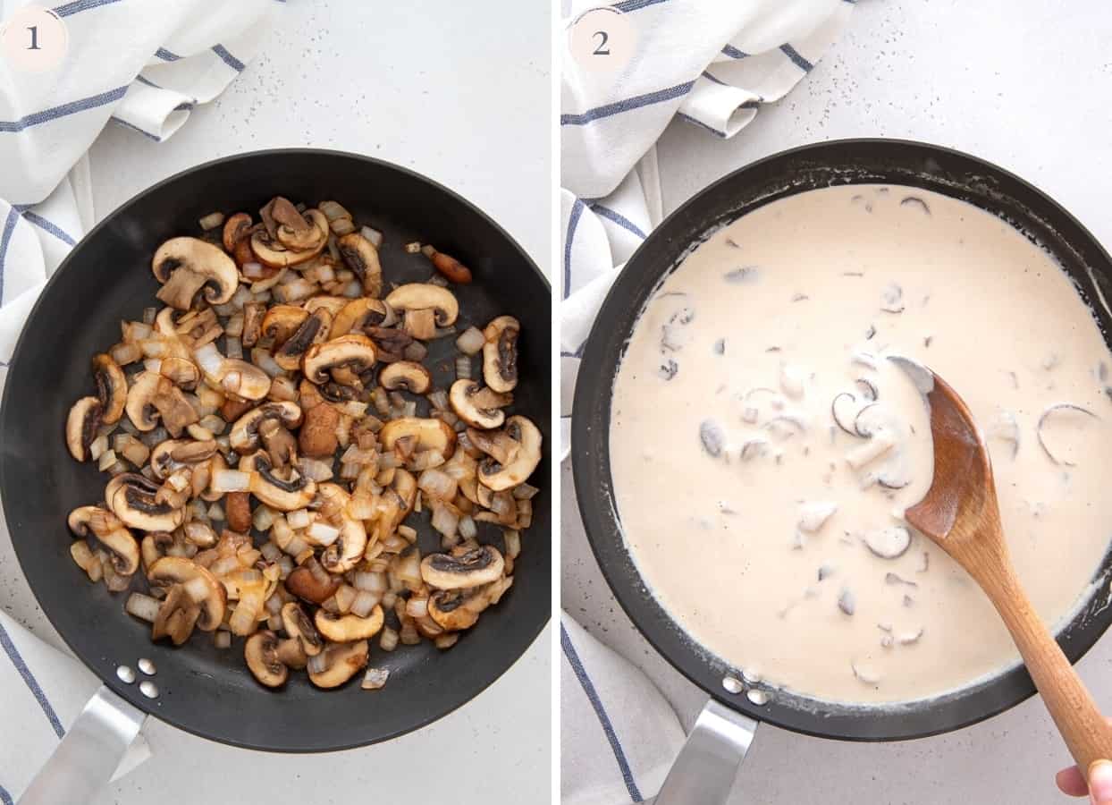 a picture collage demonstrating how to make sauce for creamy chicken a la king