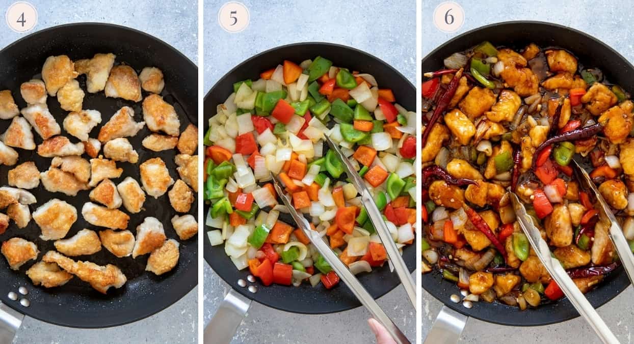 picture collage showing how to make Chinese Szechuan chicken stir fry step by step