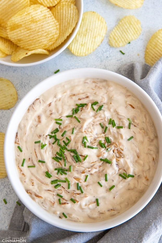 overhead shot of healthy French Onion Dip with a side of chips 