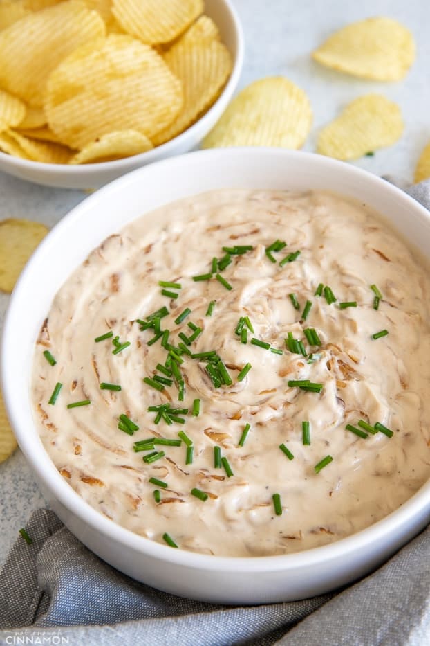 close up of a bowl of healthy French Onion Dip served with potato chips 