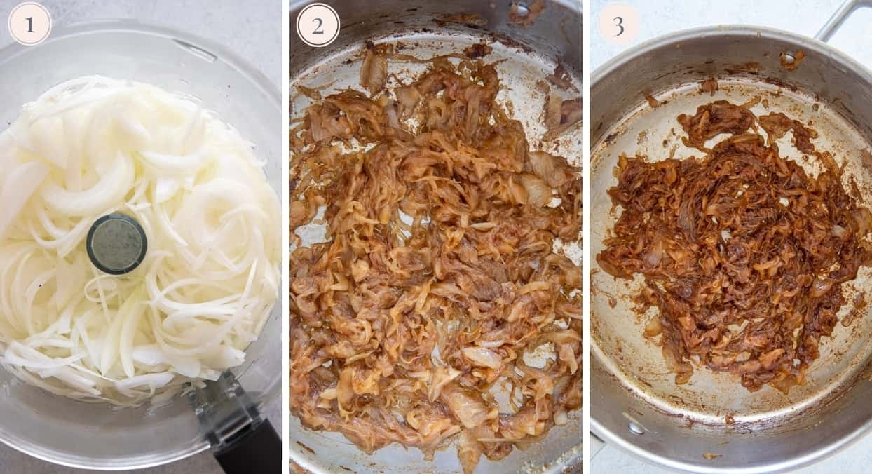 picture collage demonstrating how to caramelize onion to make French Onion Dip 