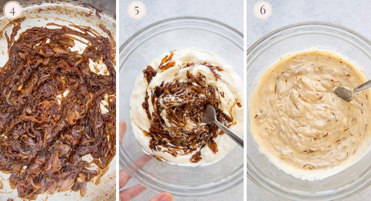 caramelized onions being added to Greek Yoghurt to make French onion dip