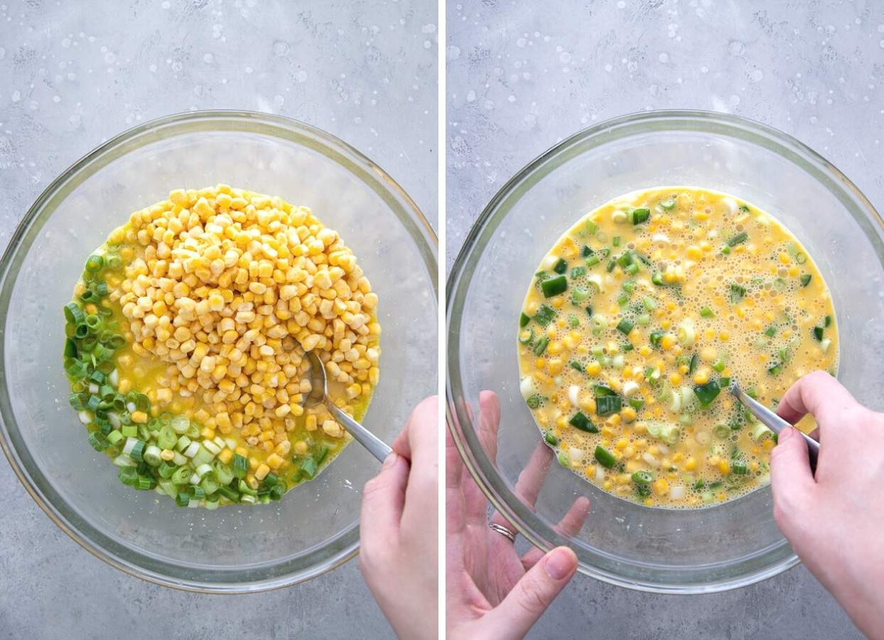 batter for dairy-free healthy corn casserole being mixed in a glass bowl 