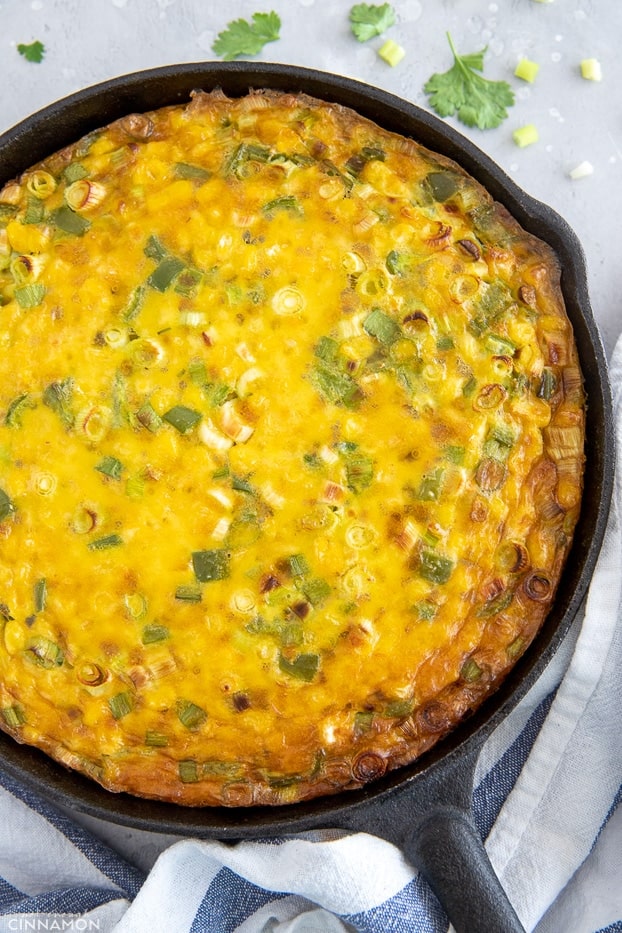 chile corn casserole served in a skillet 