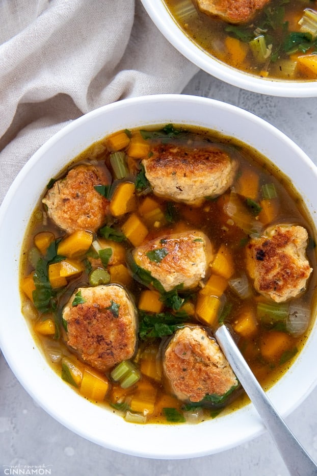 overhead shot of a bowl of Italian Wedding soup 