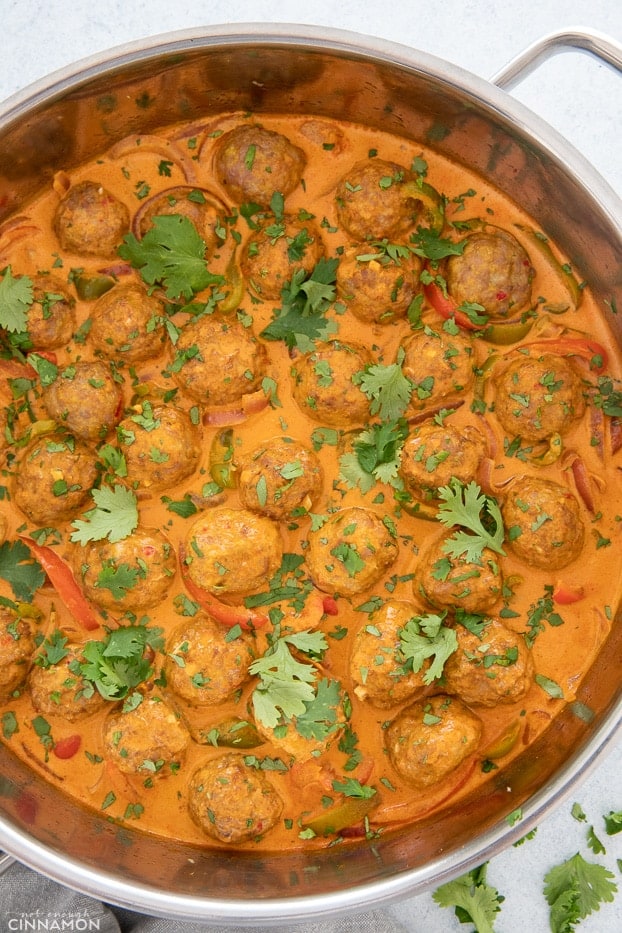 overhead shot of a skillet with thai turkey meatballs