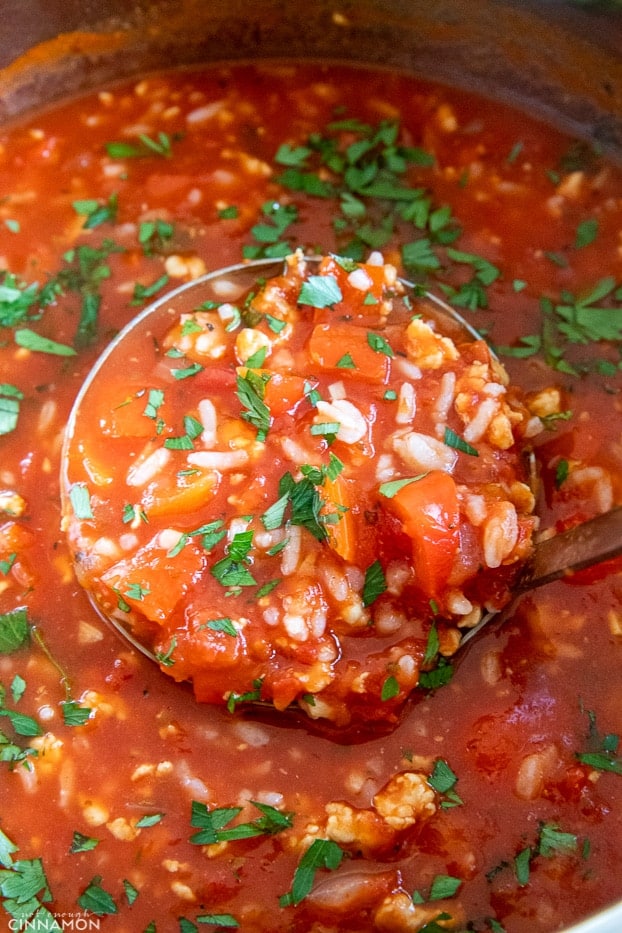 a ladle inserted in a pot with healthy stuffed bell pepper soup 