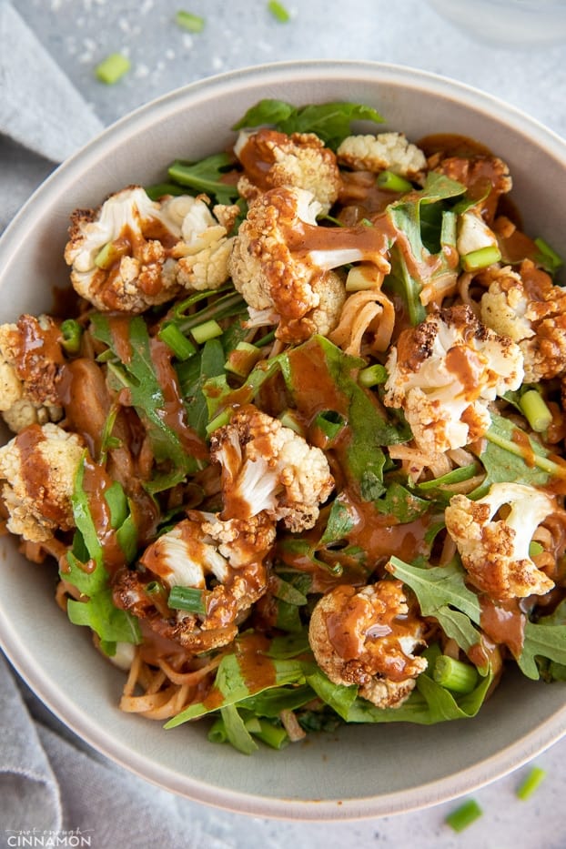 overhead shot of almond butter rice noodle bowls