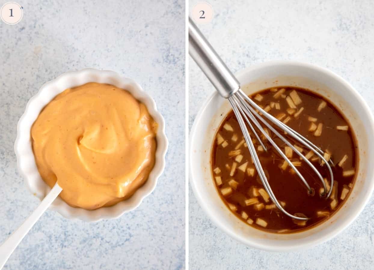 picture collage demonstrating how to make sriracha mayo and stirfy sauce for banh mi bowl recipe