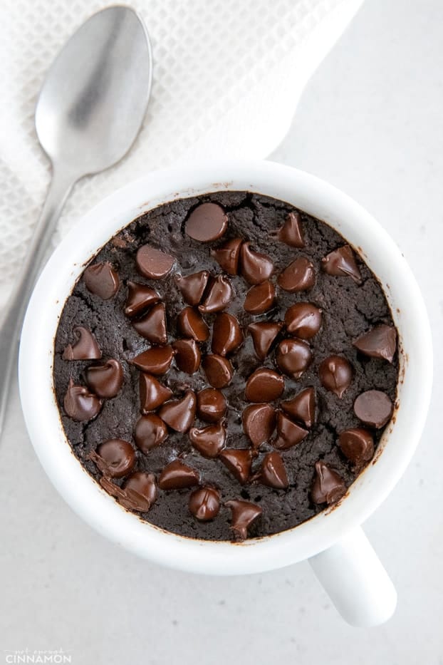 overhead shot of a vegan mug cake with chocolate chips 