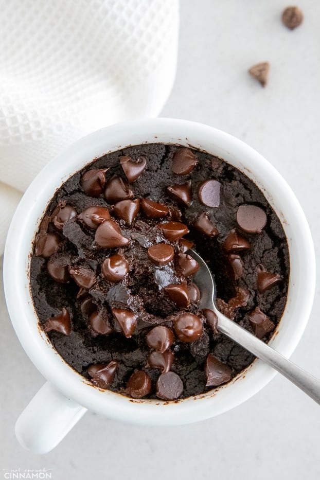 overhead shot of vegan mug cake with chocolate chips