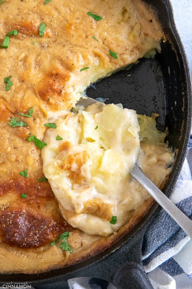 overhead shot of a casserole dish with dairyfree scalloped potatoes