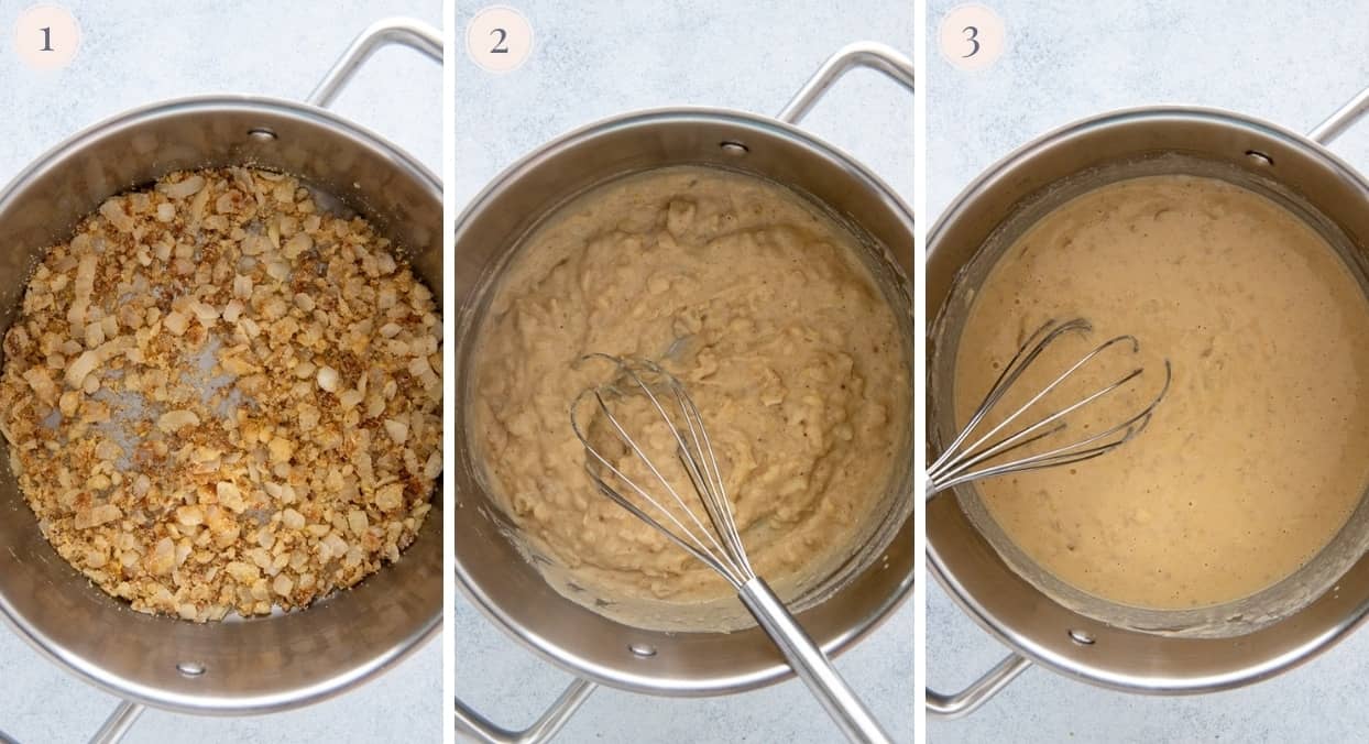 picture collage demonstrating how to make dairy free sauce for scalloped potatoes