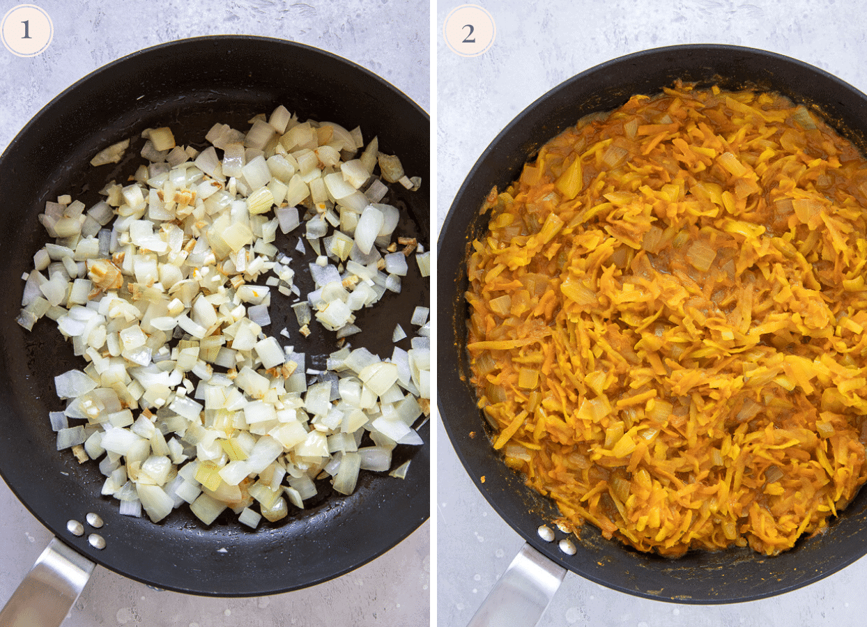 picture collage demonstrating how to make chicken katsu curry sauce in a saucepan 