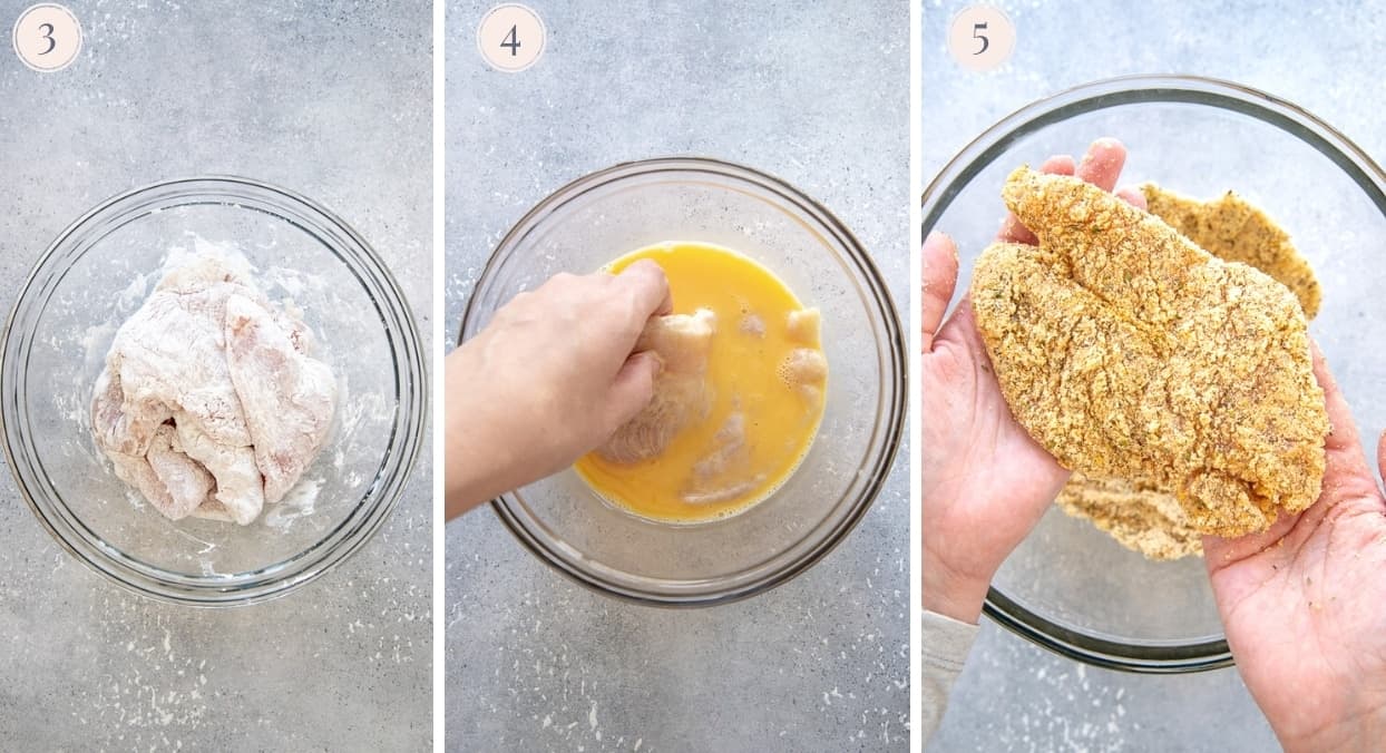 picture collage demonstrating how to bread chicken in almond flour to make healthy chicken katsu curry recipe 