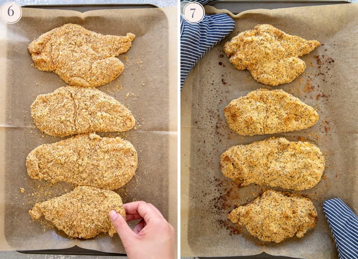 picture collage demonstrating how to bake crispy chicken for chicken katsu recipe