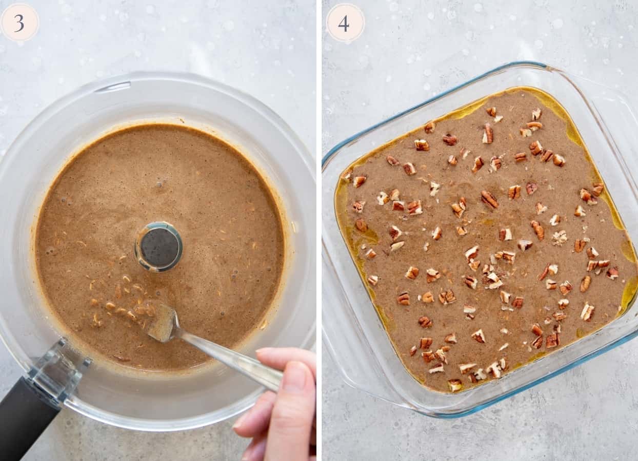 batter for vegan baked oatmeal being blended and filled into baking pan