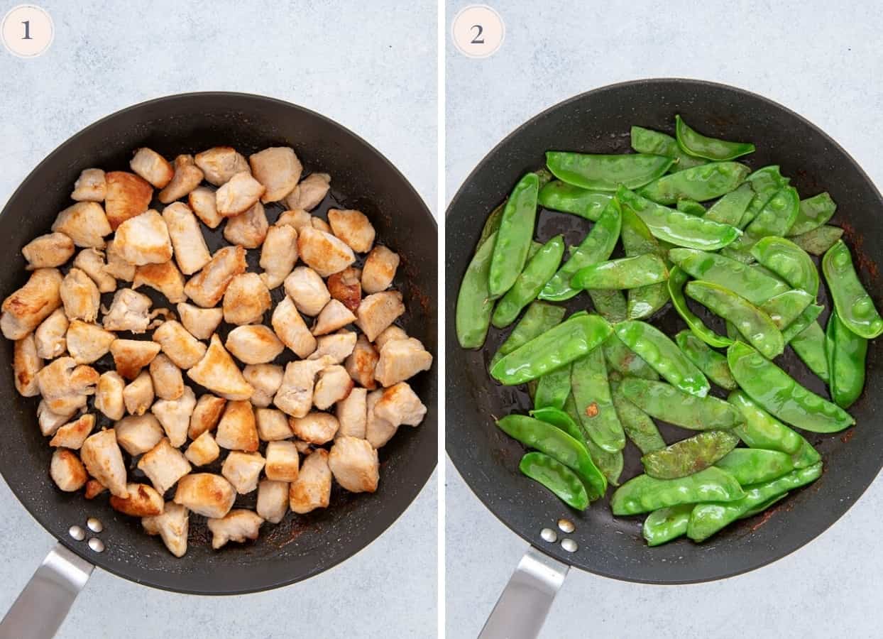 chicken and snow peas being sauteed in a a skillet 