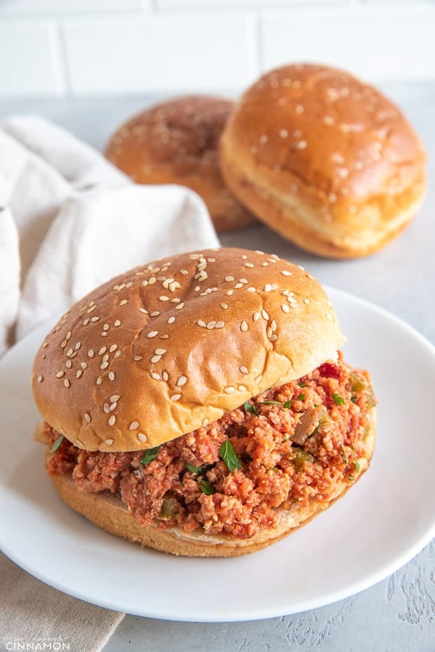 close-up of a burger bun filled with healthy slow cooker turkey sloppy joes