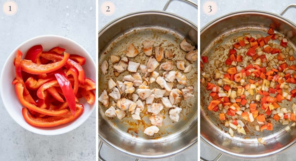 a picture collage demonstrating how to start cook chicken for jollof rice recipe