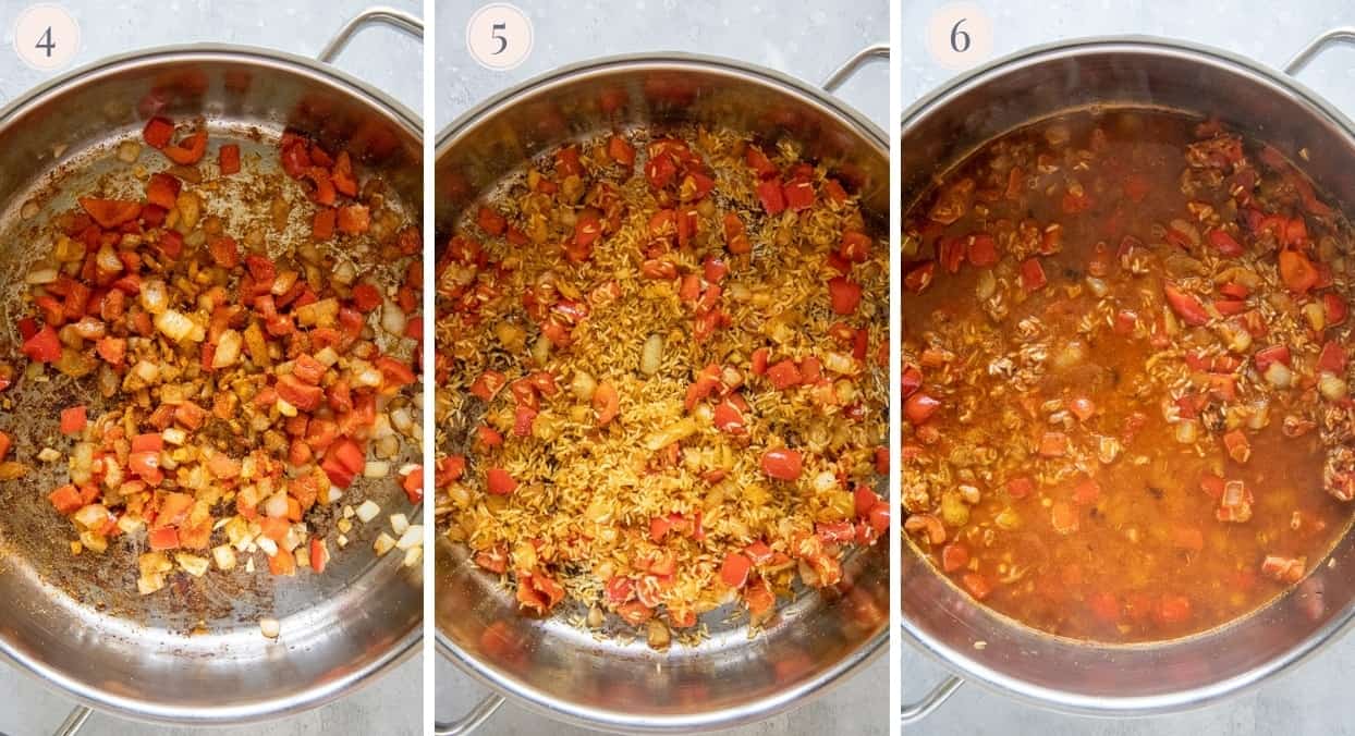 picture collage demonstrating how to cook West African Jollof rice on the stovetop