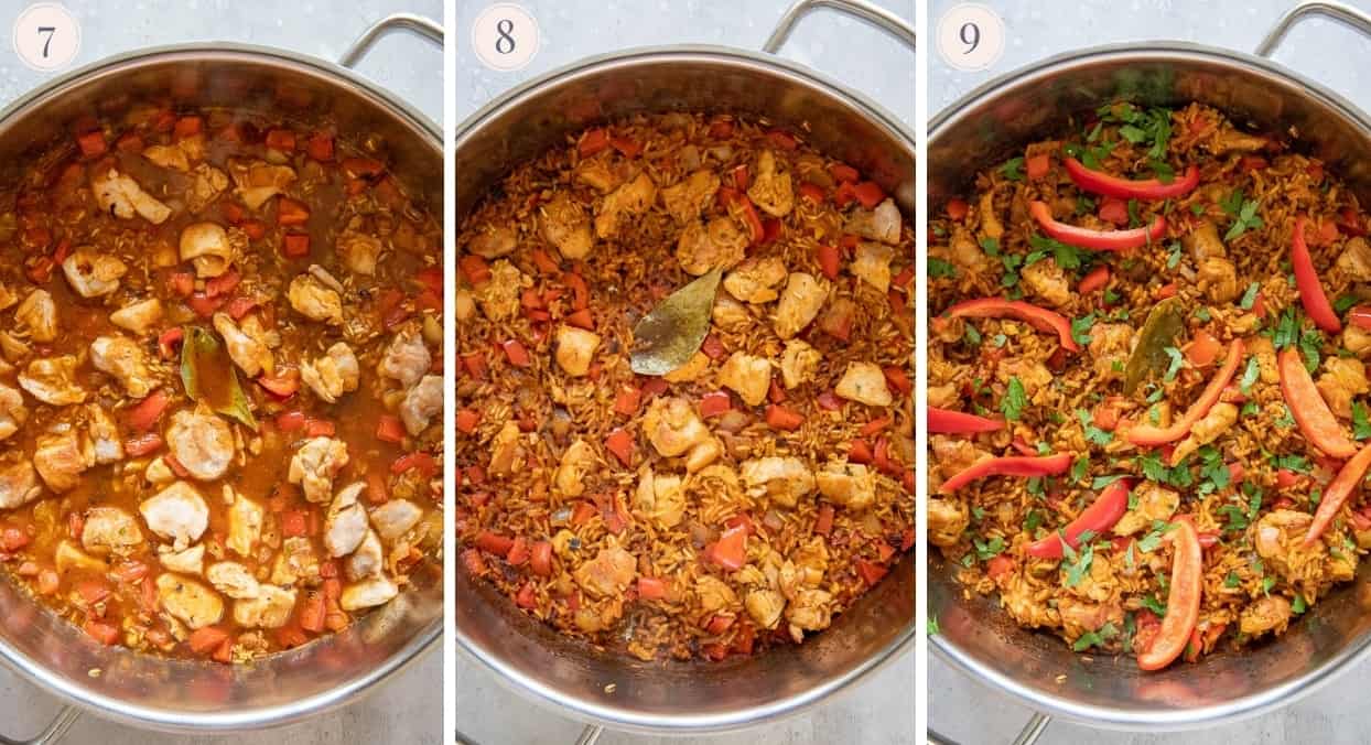 picture collage demonstrating how to make Jollof Rice with chicken on the stovetop 