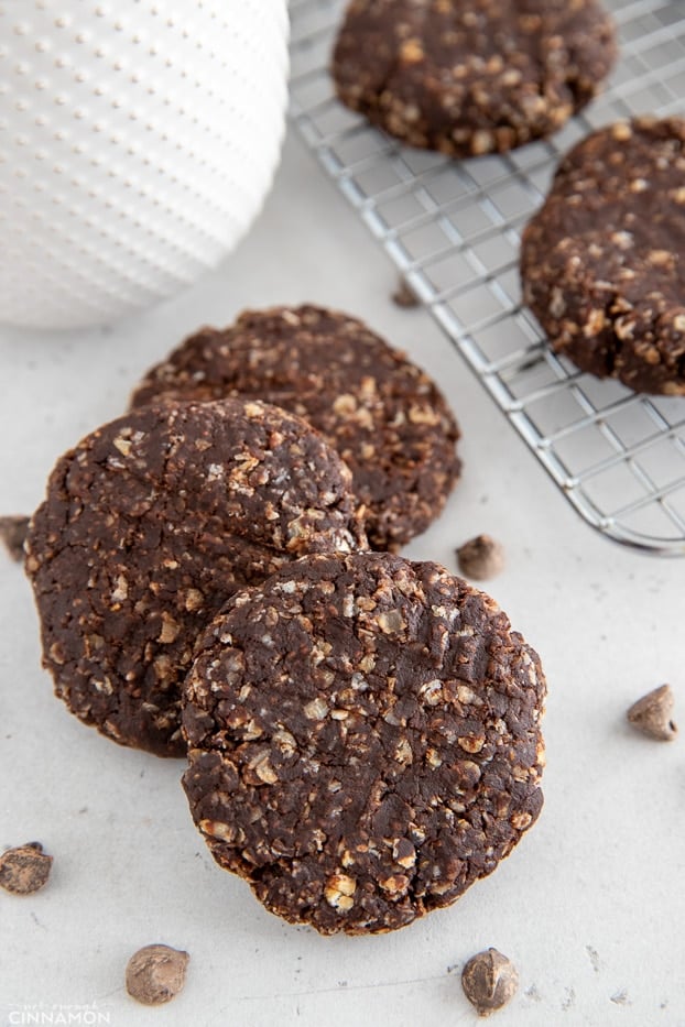 overhead shot of no bake peanut butter chocolate breakfast cookies