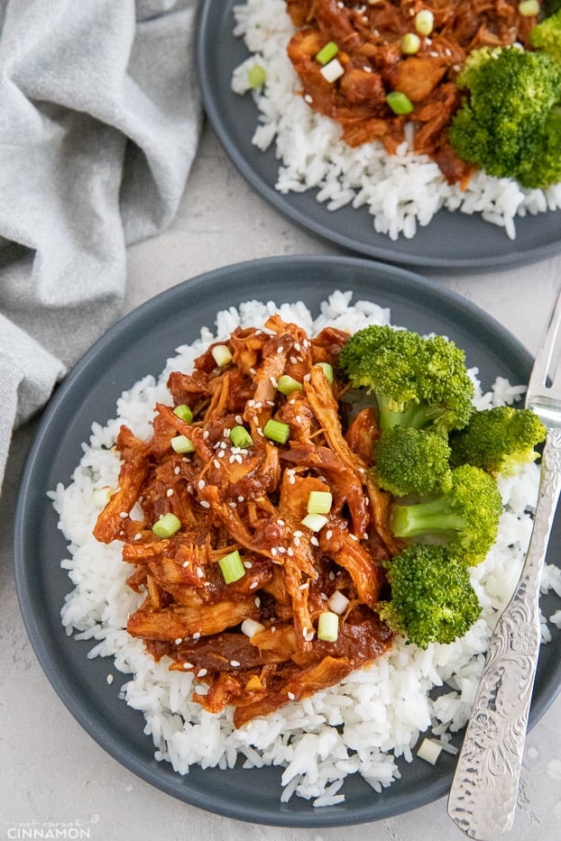 healthy honey garlic chicken made in a slow cooker served with rice and broccoli