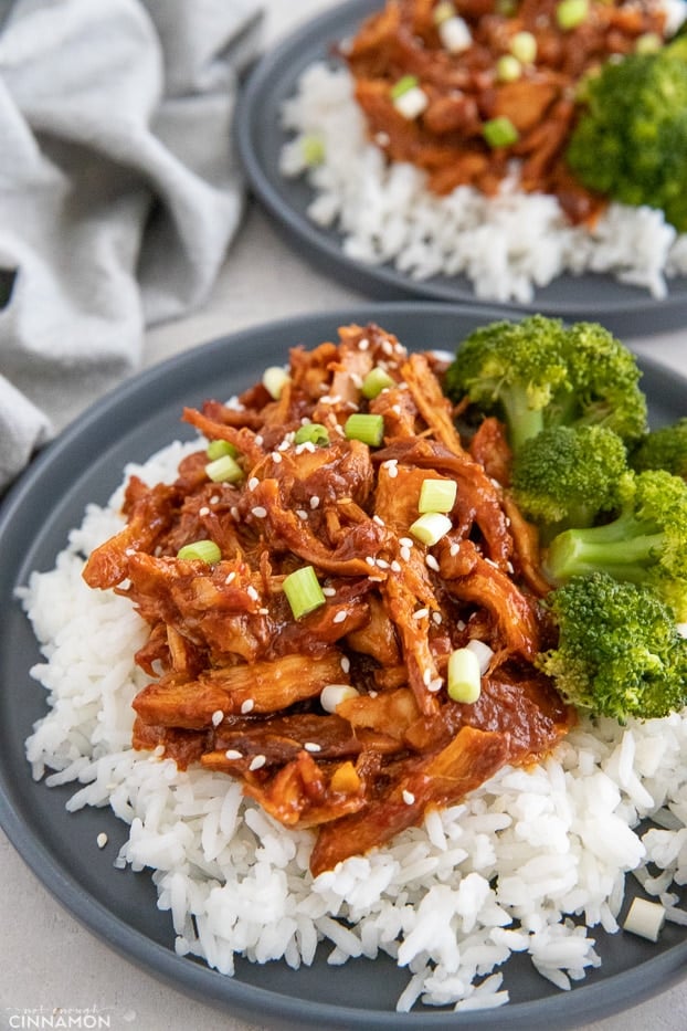 side view of paleo slow cooker honey garlic chicken served over rice