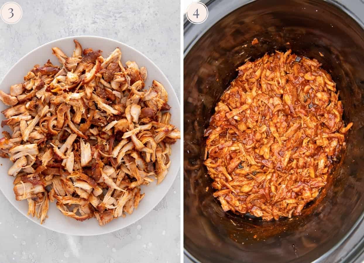 chicken breast being shredded and added to honey garlic sauce in a slow cooker